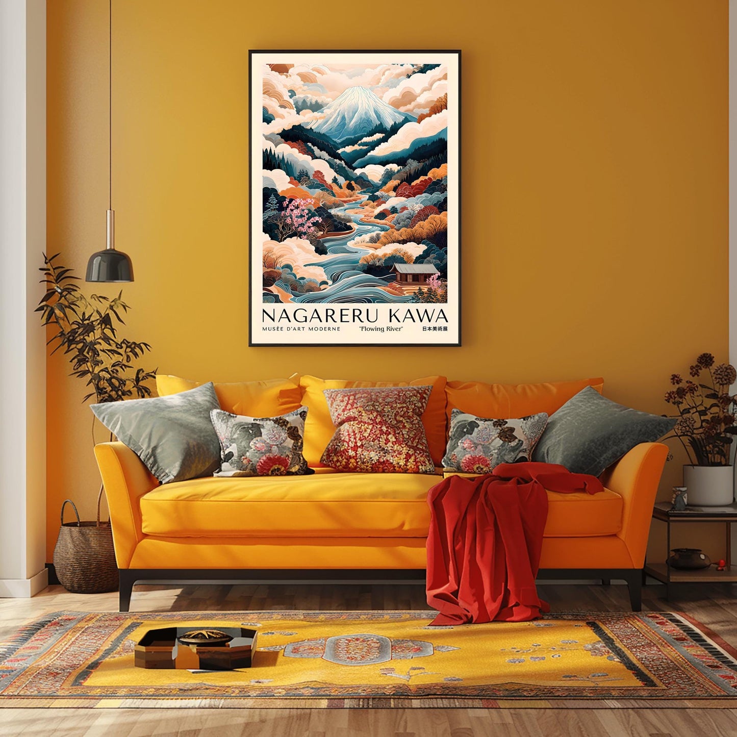 Japanese Landscape Print, Mount Fuji Poster, Flowing River Autumn Foliage Art, Serene Japanese Wall Art, Nagare-ru Kawa, Japan Travel Poster