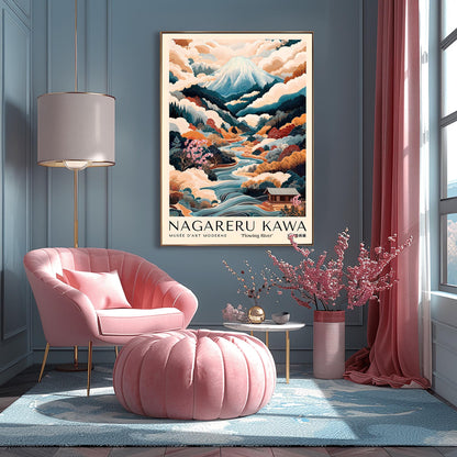 Japanese Landscape Print, Mount Fuji Poster, Flowing River Autumn Foliage Art, Serene Japanese Wall Art, Nagare-ru Kawa, Japan Travel Poster