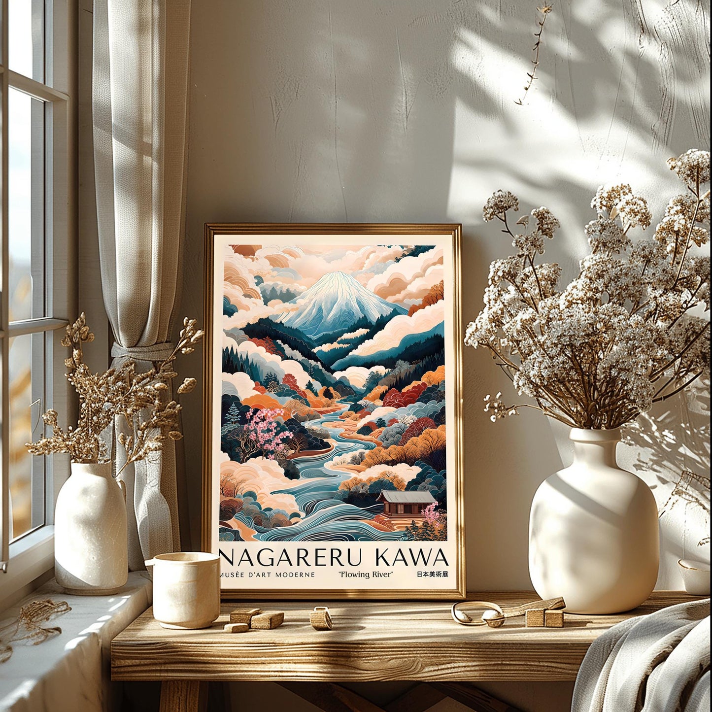 Japanese Landscape Print, Mount Fuji Poster, Flowing River Autumn Foliage Art, Serene Japanese Wall Art, Nagare-ru Kawa, Japan Travel Poster