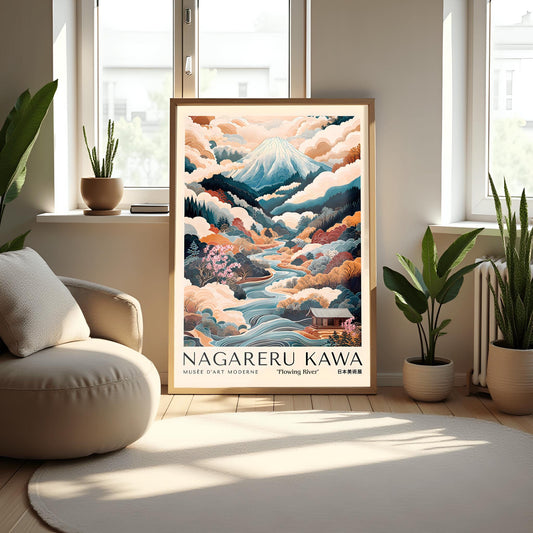 Japanese Landscape Print, Mount Fuji Poster, Flowing River Autumn Foliage Art, Serene Japanese Wall Art, Nagare-ru Kawa, Japan Travel Poster