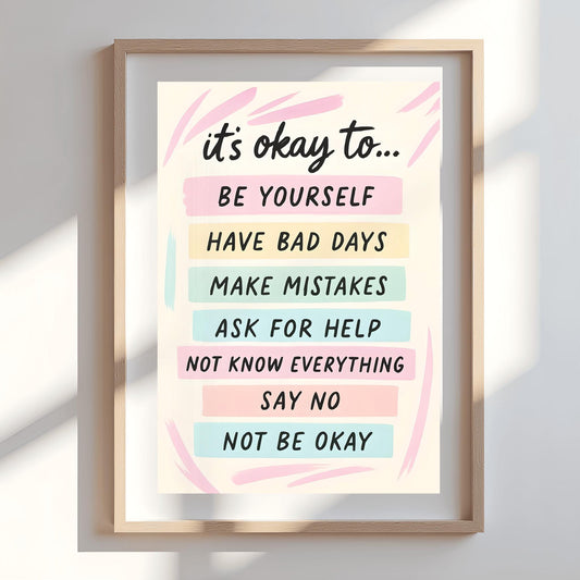 It's Okay To Motivational Poster, Self-Care Inspirational Print, Mental Health Art, Positive Affirmations Wall Decor, Pastel Quote Poster