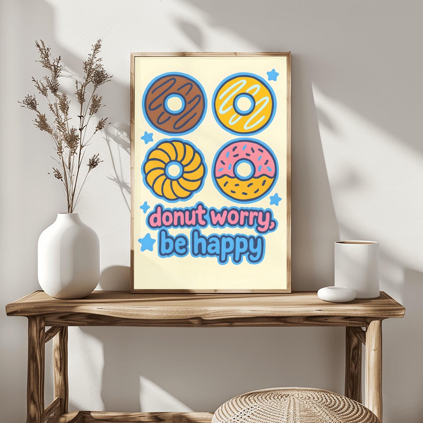 Donut Worry Be Happy Poster, Cute Donut Wall Art, Funny Food Pun Print, Playful Kitchen Decor, Kids Room Art, Inspirational Quote Print