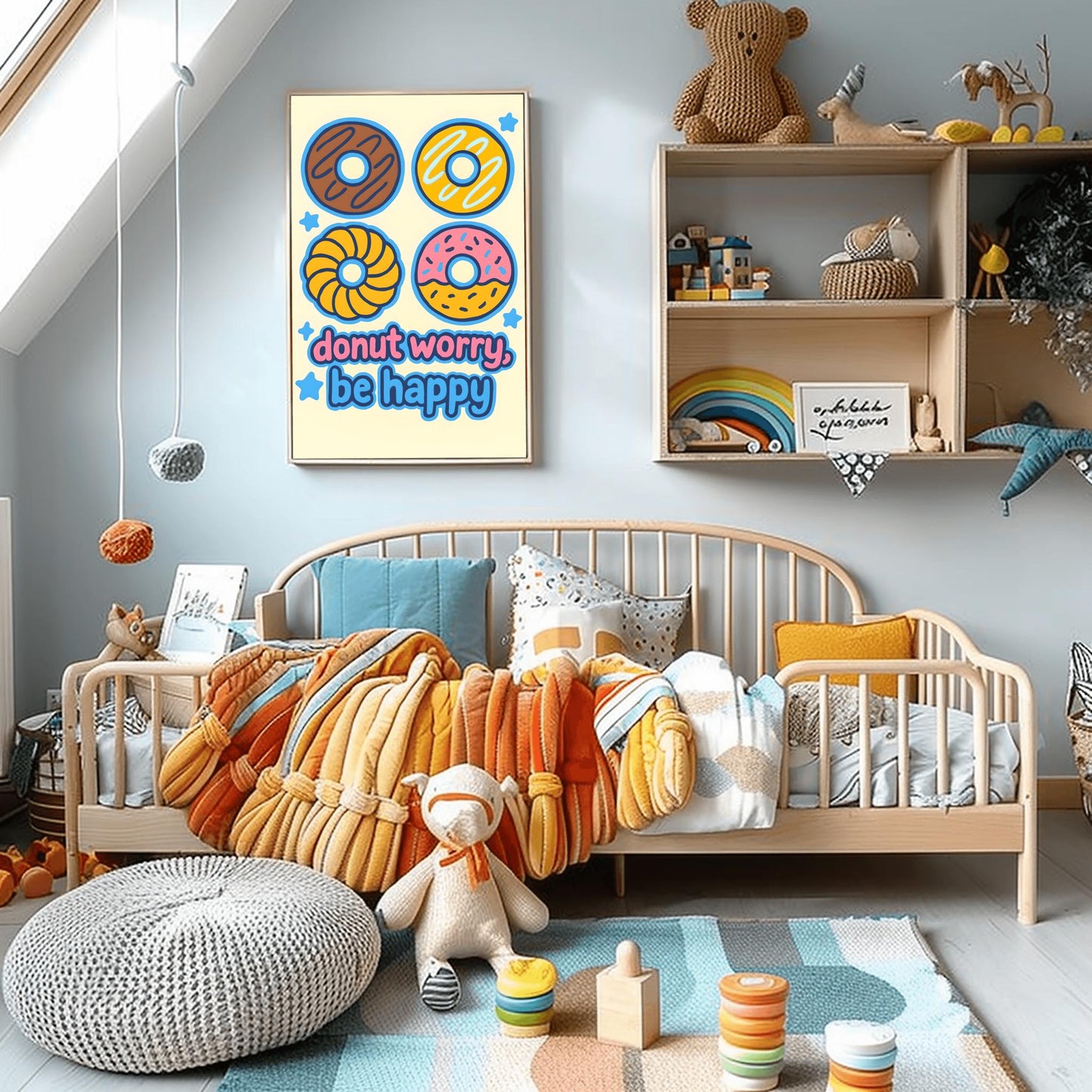 Donut Worry Be Happy Poster, Cute Donut Wall Art, Funny Food Pun Print, Playful Kitchen Decor, Kids Room Art, Inspirational Quote Print