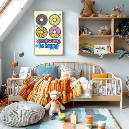 Donut Worry Be Happy Poster, Cute Donut Wall Art, Funny Food Pun Print, Playful Kitchen Decor, Kids Room Art, Inspirational Quote Print