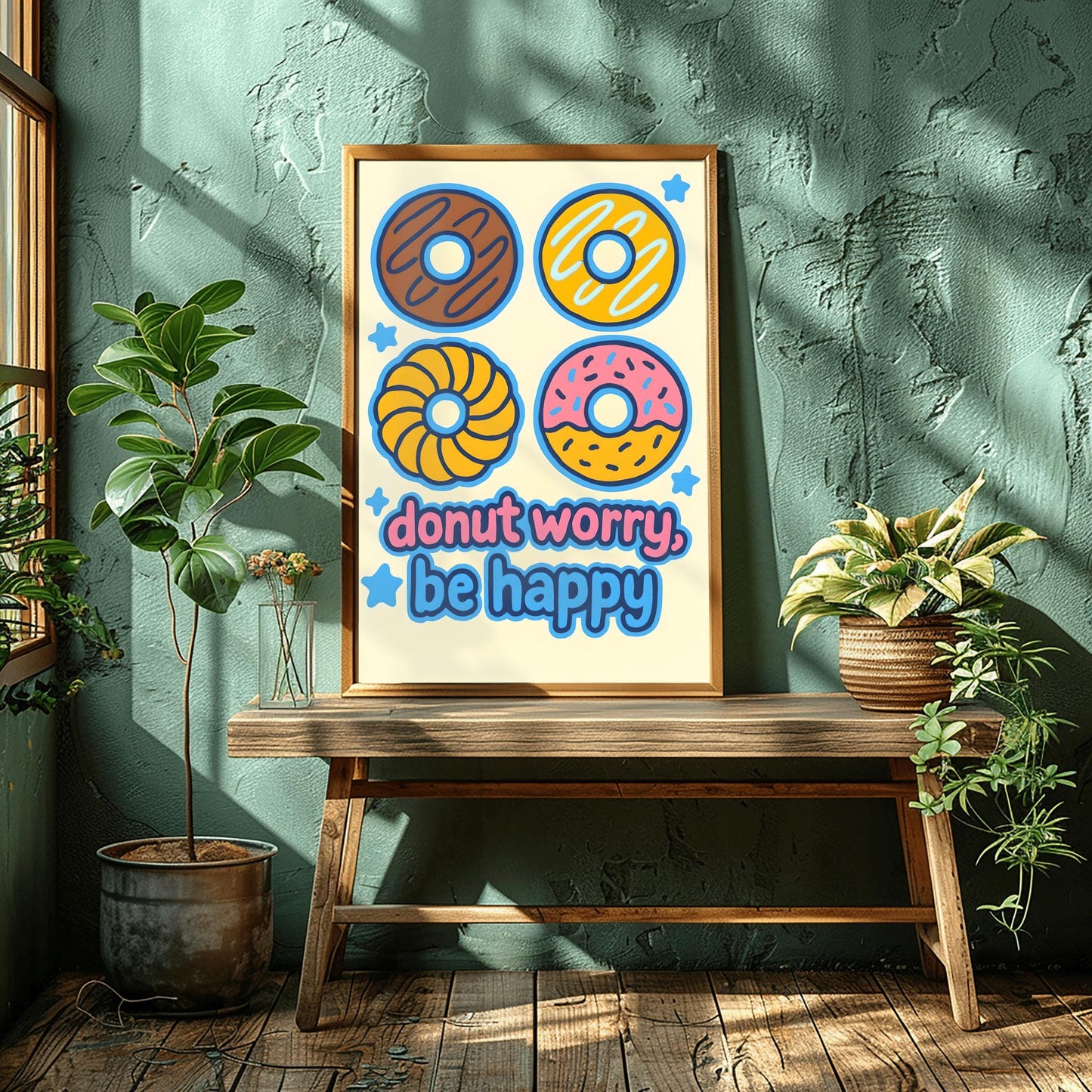 Donut Worry Be Happy Poster, Cute Donut Wall Art, Funny Food Pun Print, Playful Kitchen Decor, Kids Room Art, Inspirational Quote Print