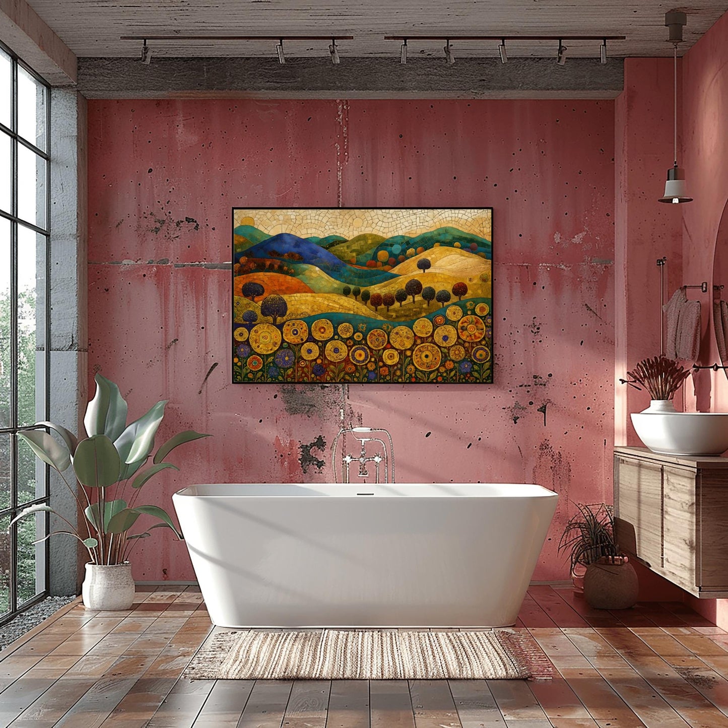 Gustav Klimt Mosaic Art Print – Vibrant Abstract Landscape with Golden Sky, Textured Hills, Unique Wall Decor for Art Lovers