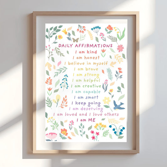 Daily Affirmations Poster, Positive Self-Care Wall Art, Inspirational Quote Print, Colorful Floral Decor, Mental Health Art