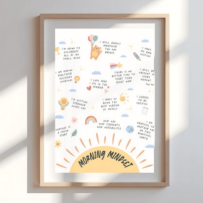 Morning Mindset Poster, Daily Affirmations Print, Self-Care Wall Art, Inspirational Quote Decor, Whimsical Kids Room Art