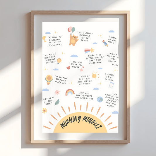 Morning Mindset Poster, Daily Affirmations Print, Self-Care Wall Art, Inspirational Quote Decor, Whimsical Kids Room Art