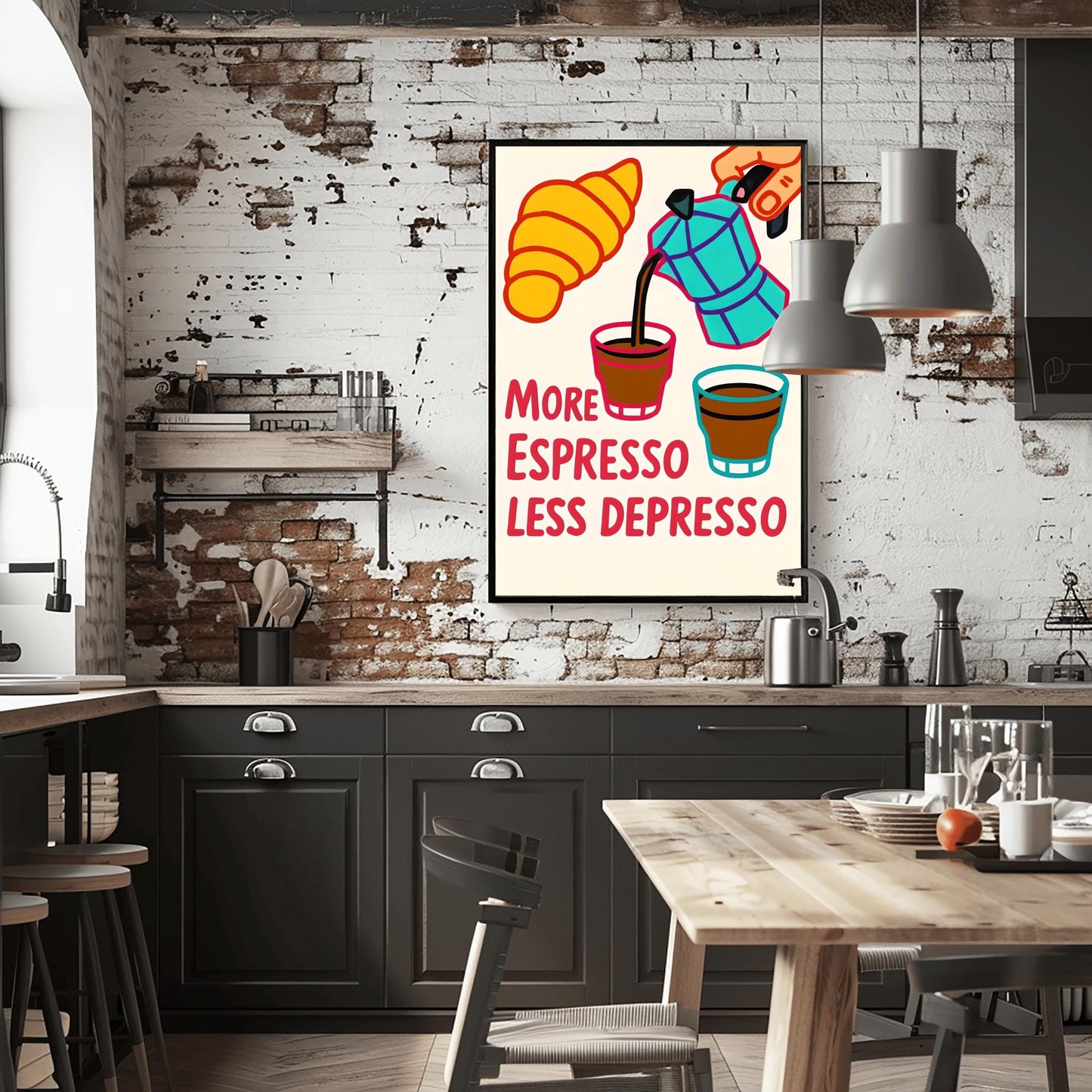 Espresso Coffee Poster Fun Kitchen Decor Gift Idea - More Espresso Less Depresso Kitchen Wall Art