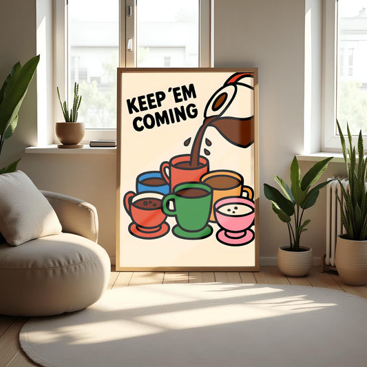Coffee Lover Gift Fun Kitchen Decor "KEEP 'EM COMING", Wall Art Print Fun Coffee Art