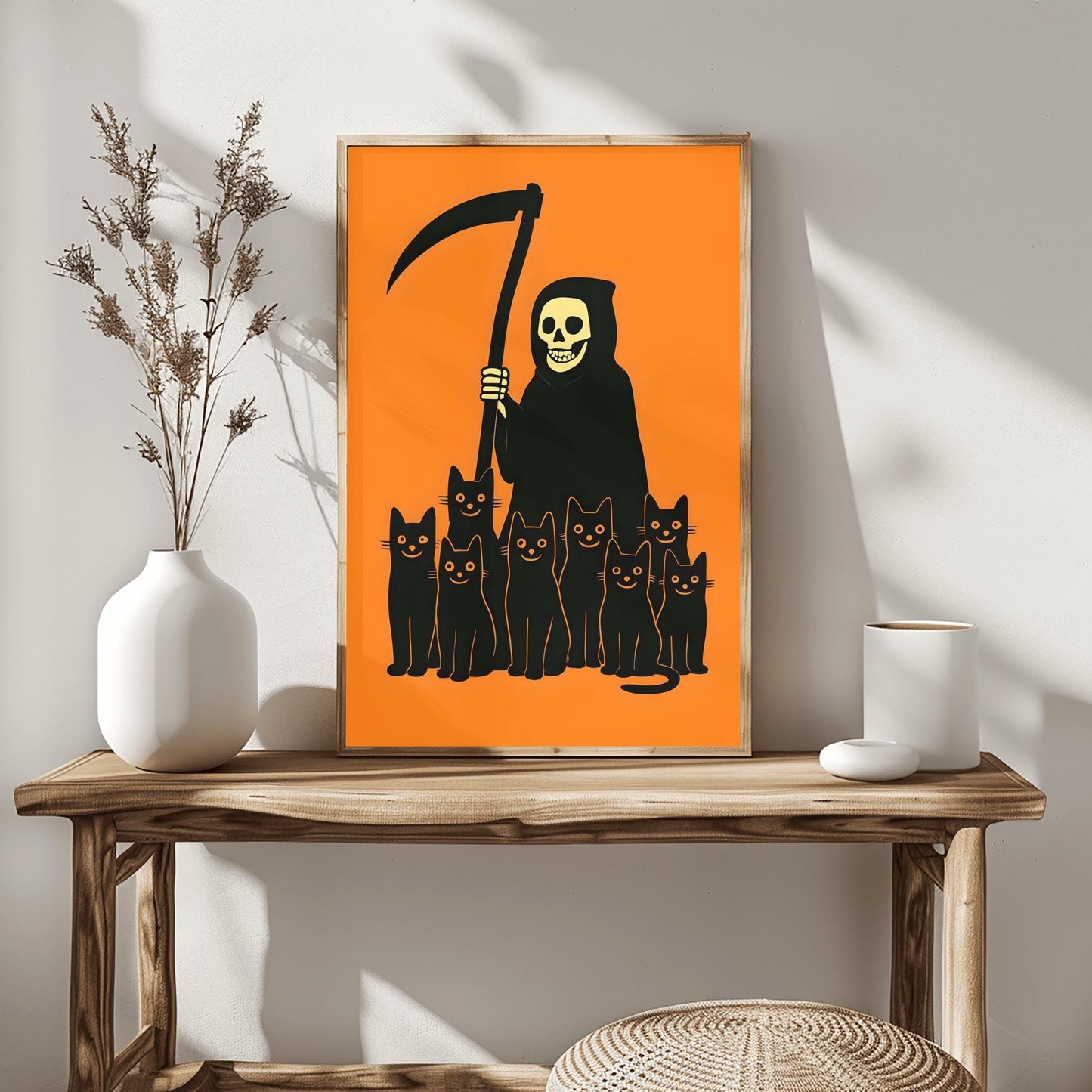 Minimalist Halloween Decor Spooky Grim Reaper Black Cat Art, Halloween Wall Art, Creepy Cute Art, Unique Halloween Gift