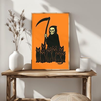 Minimalist Halloween Decor Spooky Grim Reaper Black Cat Art, Halloween Wall Art, Creepy Cute Art, Unique Halloween Gift