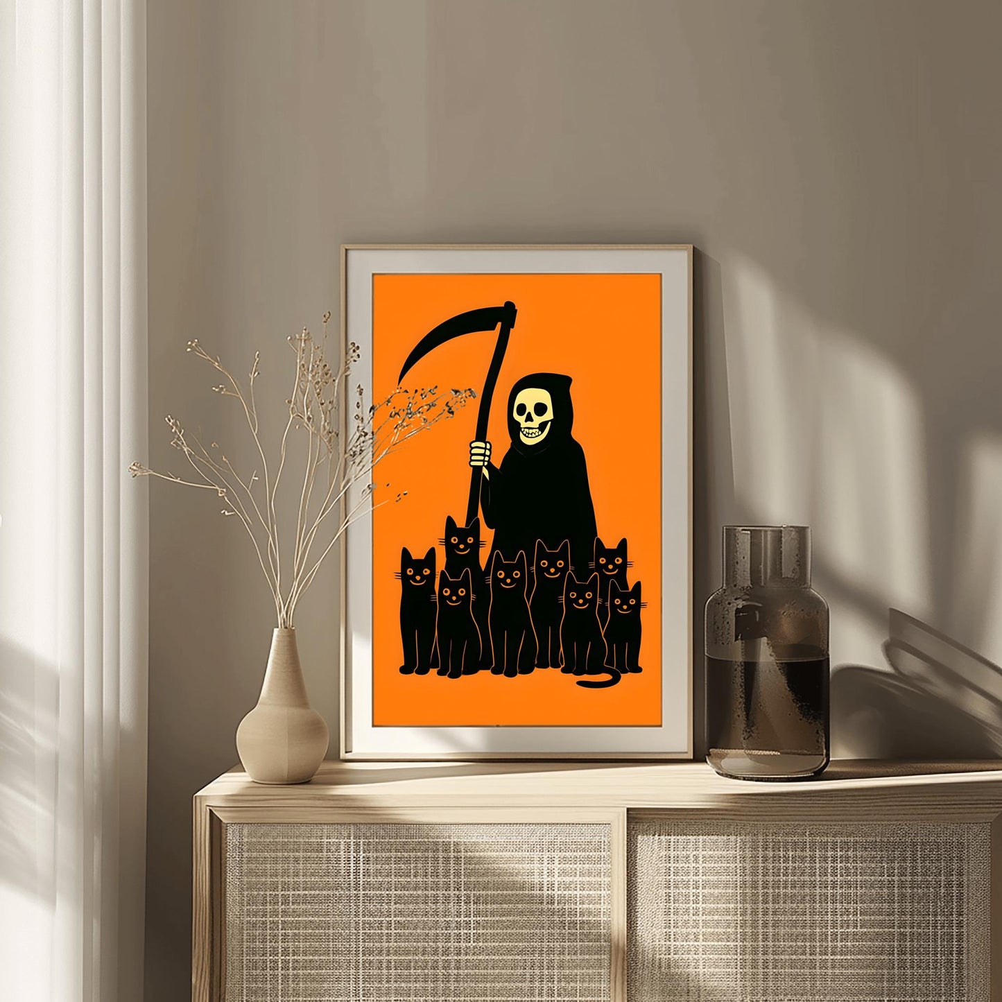 Minimalist Halloween Decor Spooky Grim Reaper Black Cat Art, Halloween Wall Art, Creepy Cute Art, Unique Halloween Gift