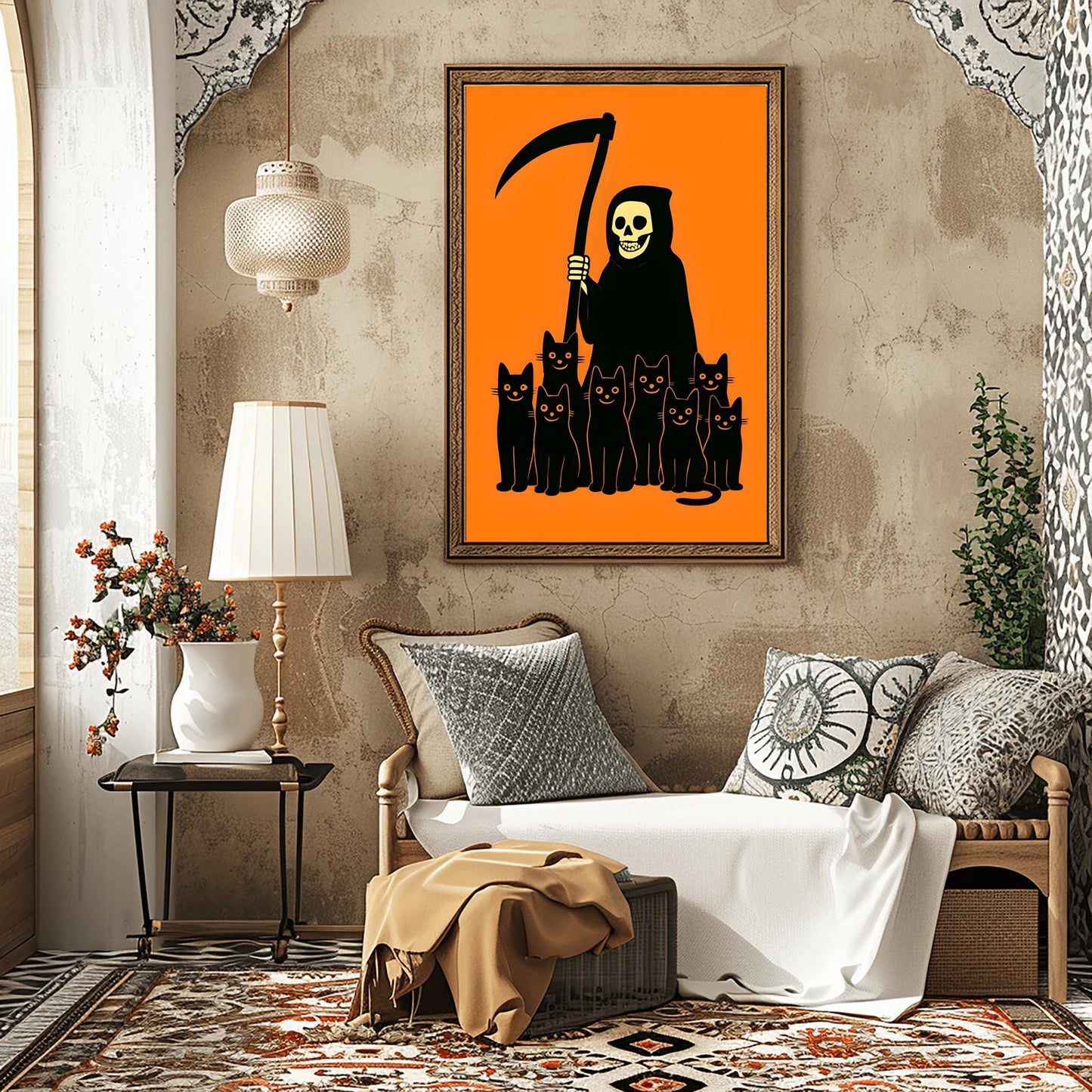 Minimalist Halloween Decor Spooky Grim Reaper Black Cat Art, Halloween Wall Art, Creepy Cute Art, Unique Halloween Gift