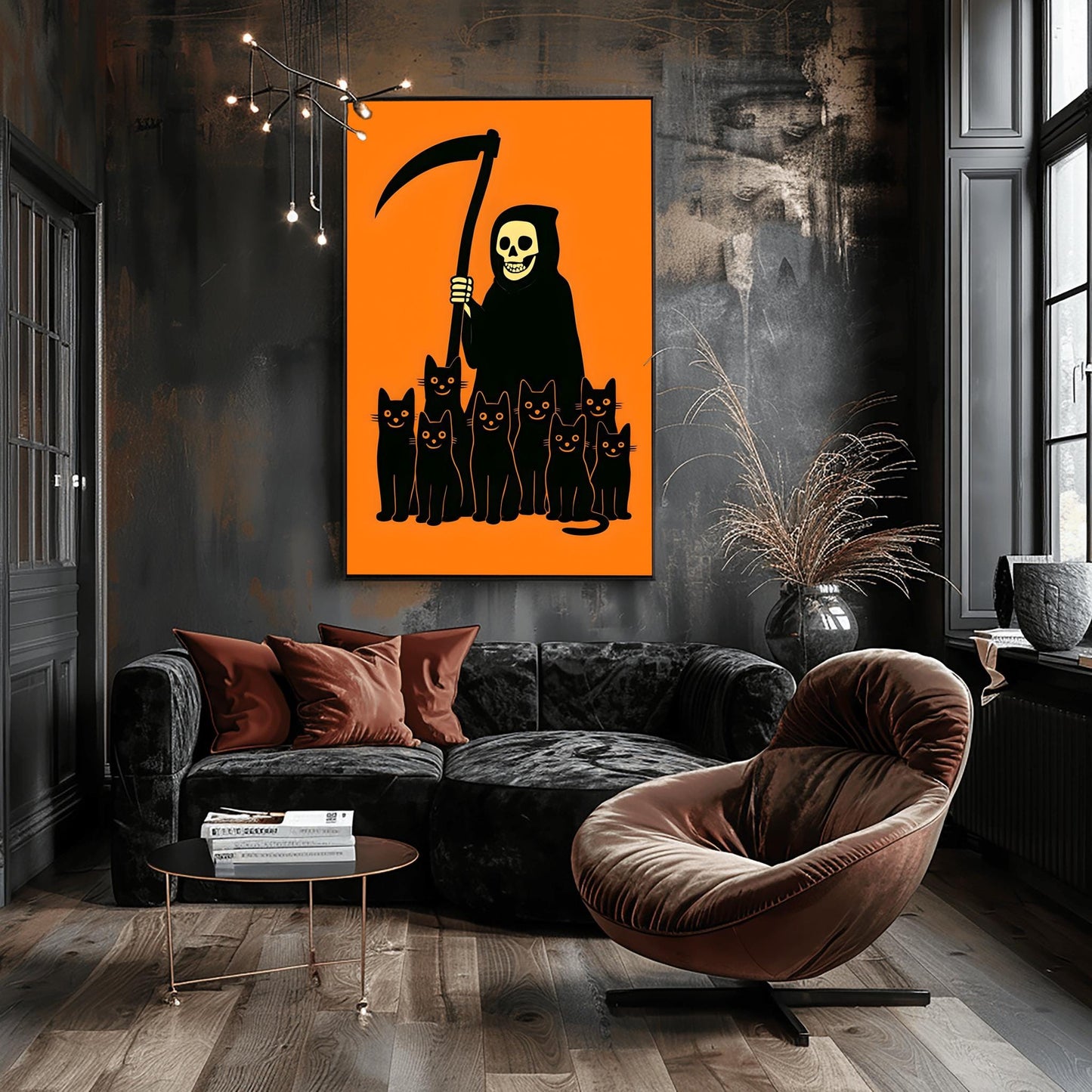 Minimalist Halloween Decor Spooky Grim Reaper Black Cat Art, Halloween Wall Art, Creepy Cute Art, Unique Halloween Gift