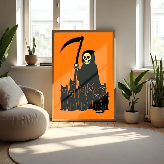 Minimalist Halloween Decor Spooky Grim Reaper Black Cat Art, Halloween Wall Art, Creepy Cute Art, Unique Halloween Gift