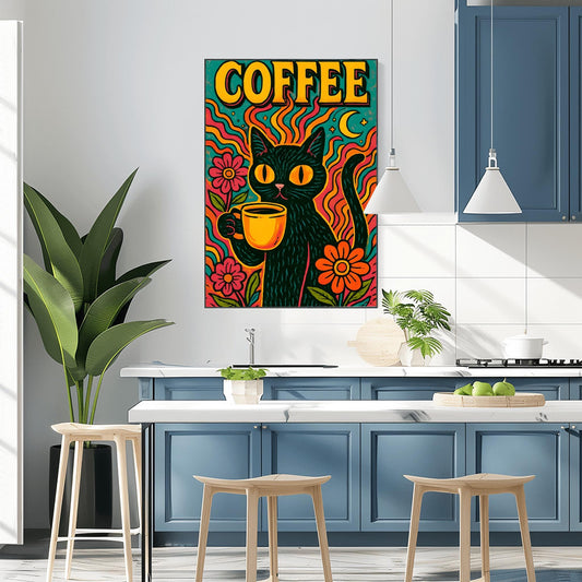 Black Cat Art Retro Coffee Lover Poster, Vintage Kitchen & Cat Wall Art, Funky Bohemian Decor, Mid Century Modern Gift