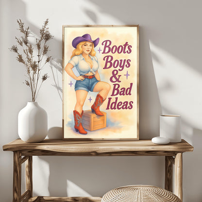 Western Wall Art Pin Up Girl with Cowboy Boots, Retro Decor for Home, Man Cave, Dorm, Farmhouse, Unique Gift