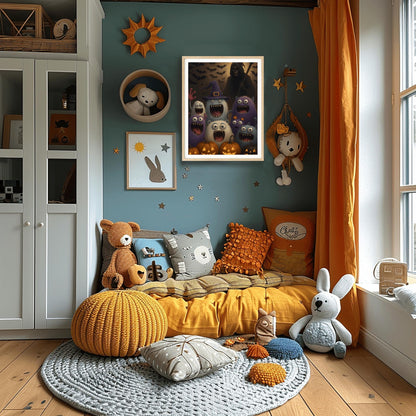 Halloween Decor Monster Wall Art Print – Spooky Cute Cartoon Art for Kids Room, Fun Pumpkin October Gift, Haunted House Decor