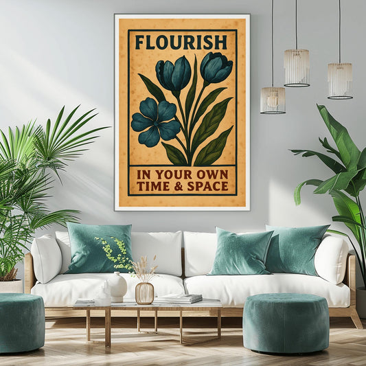 Flourish Motivational Poster for Home Office – Vintage Botanical Wall Art, Inspirational Quote Print, Uplifting Self Care Decor