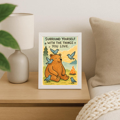 Surround Yourself with the Things You Love Poster, Bear Art Print, Whimsical Quote Poster, Nature Lover Gift, Kids Room Decor