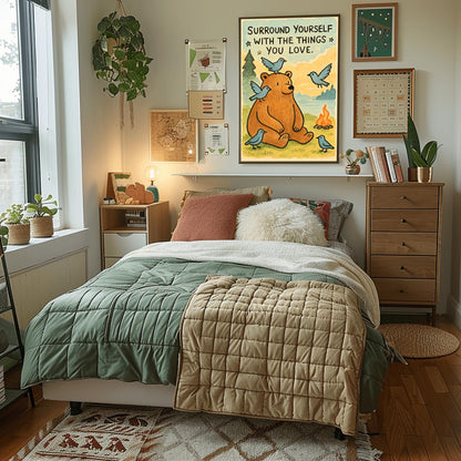 Surround Yourself with the Things You Love Poster, Bear Art Print, Whimsical Quote Poster, Nature Lover Gift, Kids Room Decor