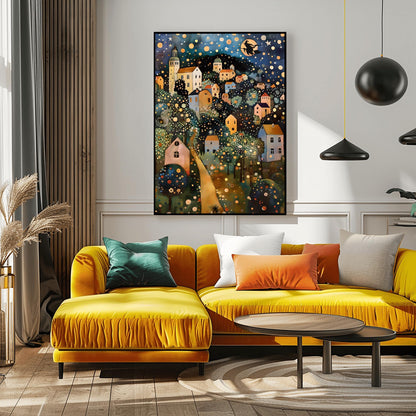 Halloween Witch on Broomstick Poster, Whimsical Night Village Print, Klimt Inspired Art, Fantasy Wall Decor, Physical Print