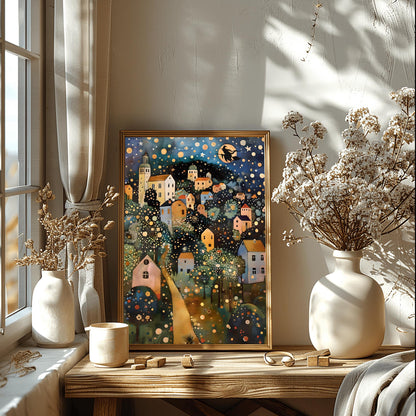 Halloween Witch on Broomstick Poster, Whimsical Night Village Print, Klimt Inspired Art, Fantasy Wall Decor, Physical Print