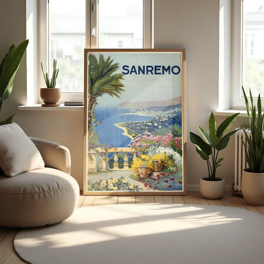 Vintage Sanremo Travel Poster, Italian Riviera Coastal Art, Retro Italy Print, Mediterranean Wall Decor