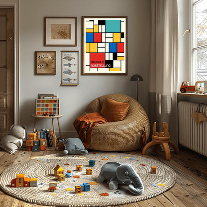 Bauhaus Exhibition Poster, Mondrian Style Geometric Print, Modernist Wall Art, Primary Colors Abstract Decor