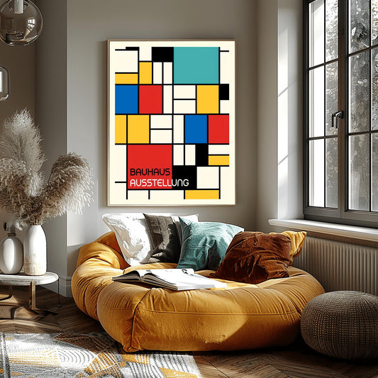 Bauhaus Exhibition Poster, Mondrian Style Geometric Print, Modernist Wall Art, Primary Colors Abstract Decor