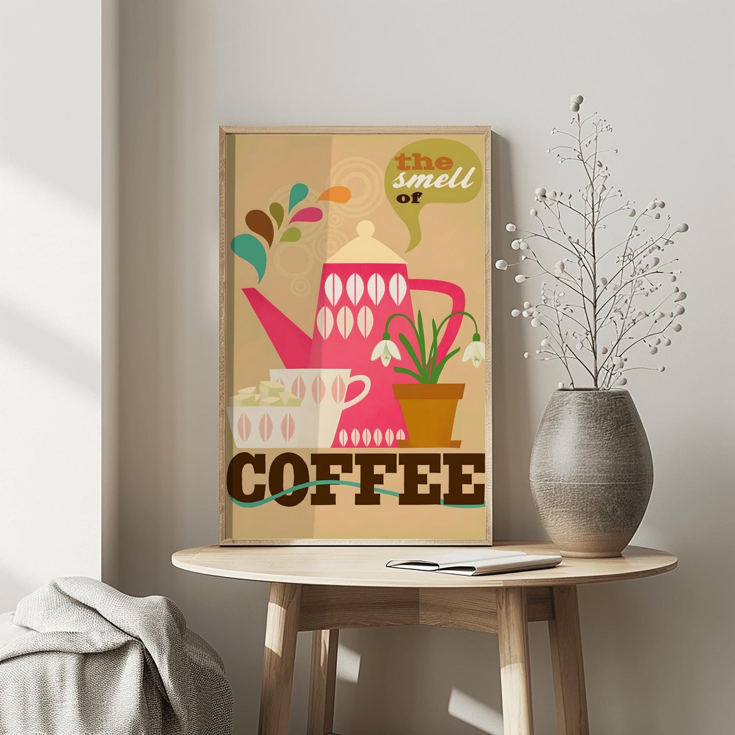 Retro Coffee Poster, Kitchen Wall Art, Mid-Century Modern Teapot Print, Coffee Lover Gift