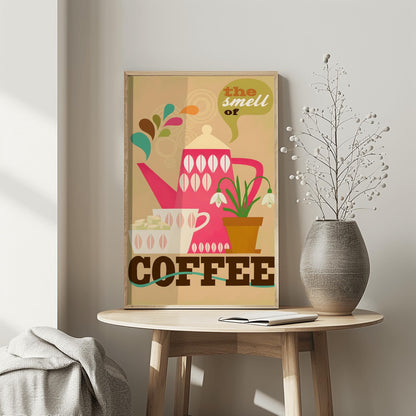 Retro Coffee Poster, Kitchen Wall Art, Mid-Century Modern Teapot Print, Coffee Lover Gift