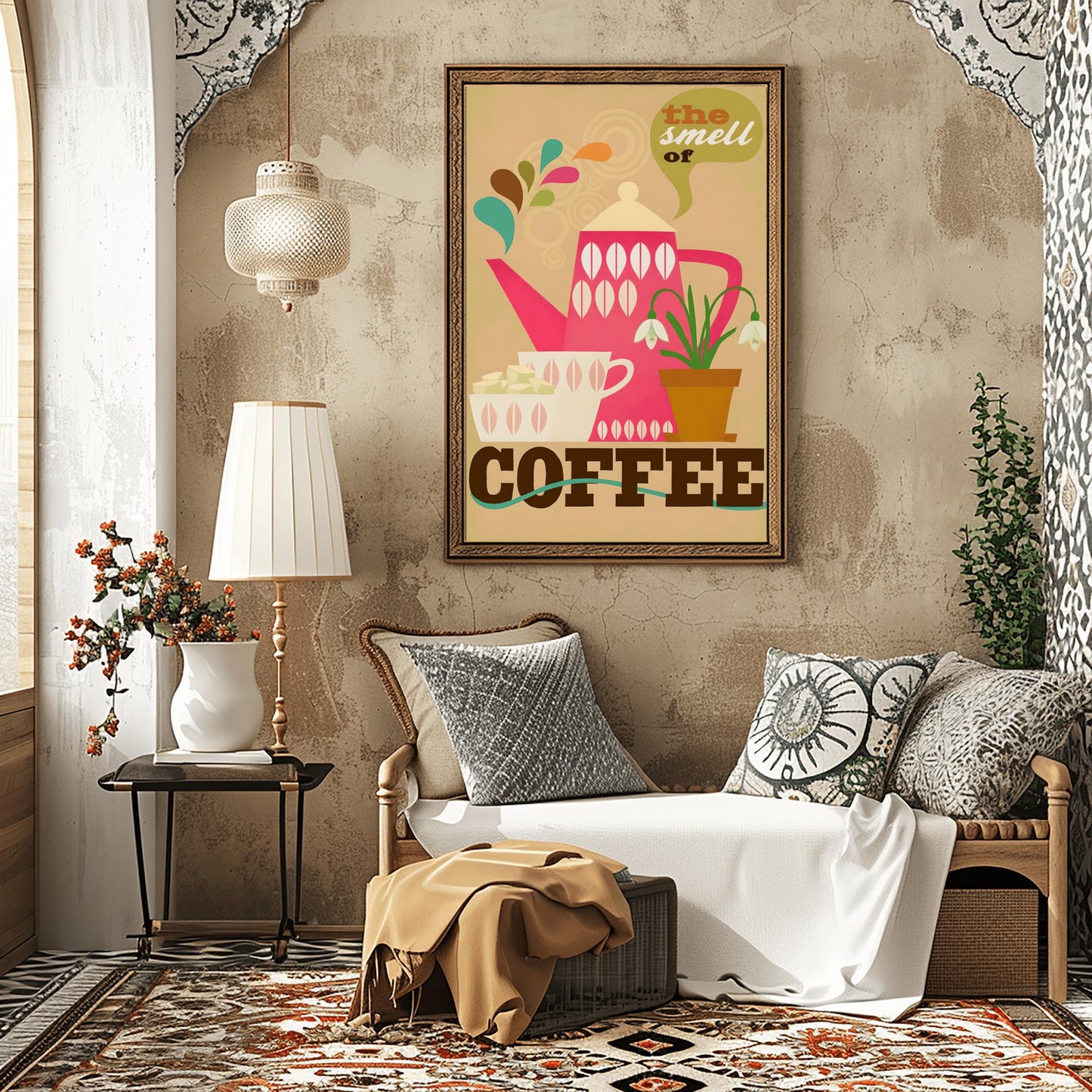 Retro Coffee Poster, Kitchen Wall Art, Mid-Century Modern Teapot Print, Coffee Lover Gift