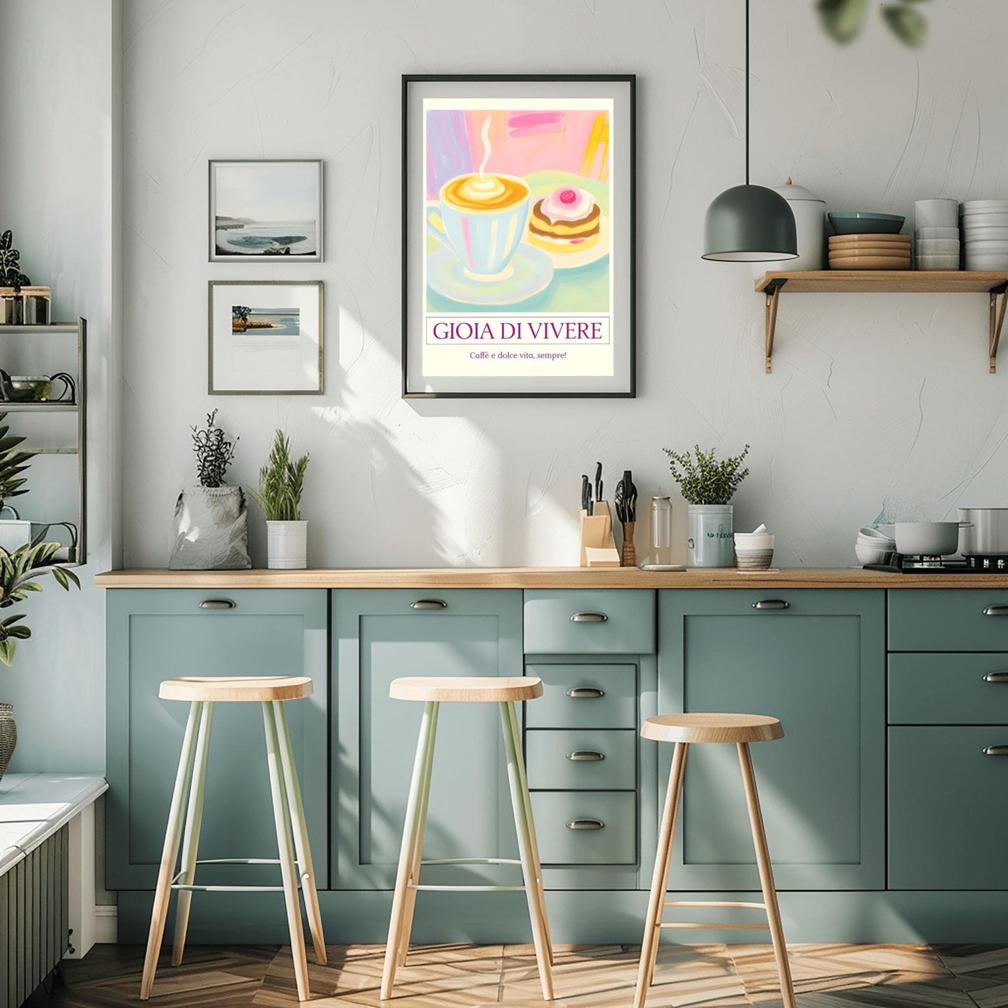 Pastel Cafe Scene Print, 'Gioia di Vivere' Coffee & Cake Poster, Retro Kitchen Wall Art, Cozy Coffee Lover Gift