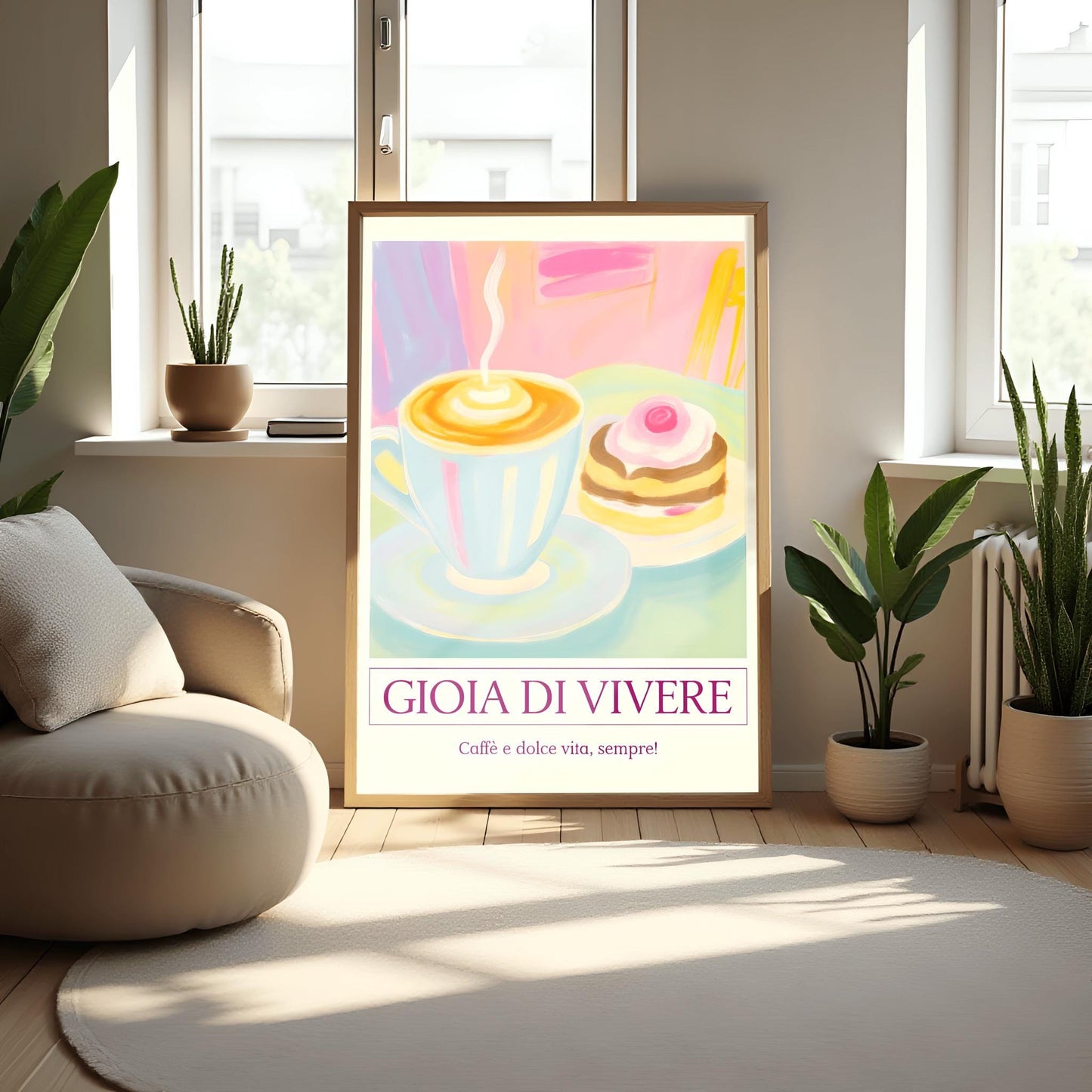 Pastel Cafe Scene Print, 'Gioia di Vivere' Coffee & Cake Poster, Retro Kitchen Wall Art, Cozy Coffee Lover Gift