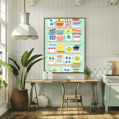 Whimsical Teacup Art Print, Retro Kitchen Wall Decor, Colorful Tea Lover Gift, Mid-Century Modern Mug Poster