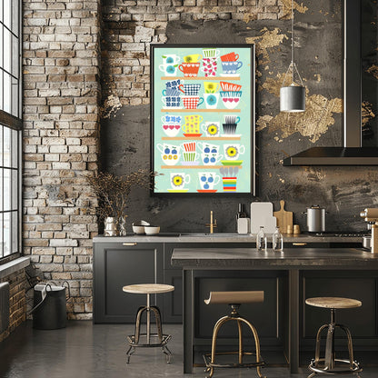 Whimsical Teacup Art Print, Retro Kitchen Wall Decor, Colorful Tea Lover Gift, Mid-Century Modern Mug Poster