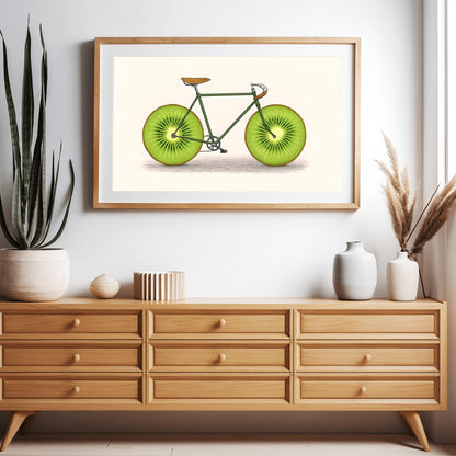 Fruit Bike Poster Funny Kiwi Art, Quirky Kitchen Wall Decor, Whimsical Cycling Gift, Vegan Cyclist Print