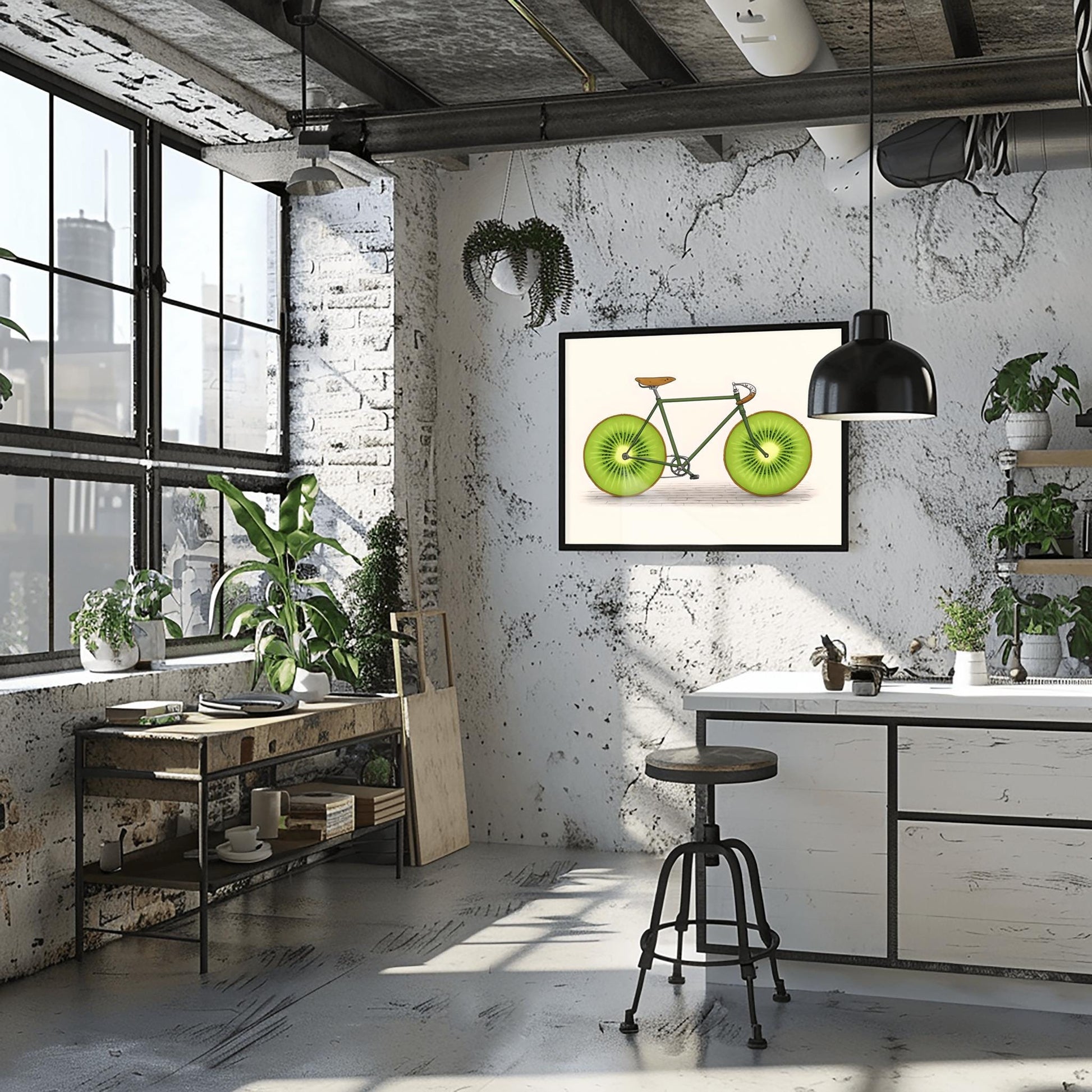 Fruit Bike Poster Funny Kiwi Art, Quirky Kitchen Wall Decor, Whimsical Cycling Gift, Vegan Cyclist Print