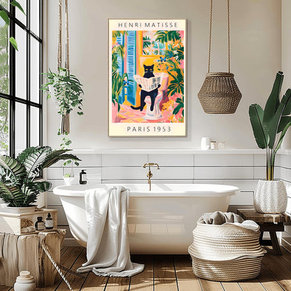 Black Cat on Toilet Poster, Matisse Inspired Bathroom Art, Funny Pet Print, Butterfly Quirky Wall Decor, Pink Tropical Decor, Humorous Gift