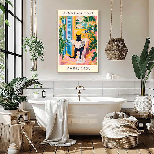 Black Cat on Toilet Poster, Matisse Inspired Bathroom Art, Funny Pet Print, Butterfly Quirky Wall Decor, Pink Tropical Decor, Humorous Gift