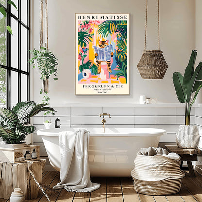 Funny Tabby Cat Toilet Art Print, Matisse Style Bathroom Wall Decor, Butterfly Love, Pink Dopamine Mid Century Modern Illustration
