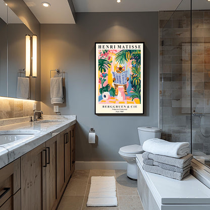 Funny Tabby Cat Toilet Art Print, Matisse Style Bathroom Wall Decor, Butterfly Love, Pink Dopamine Mid Century Modern Illustration