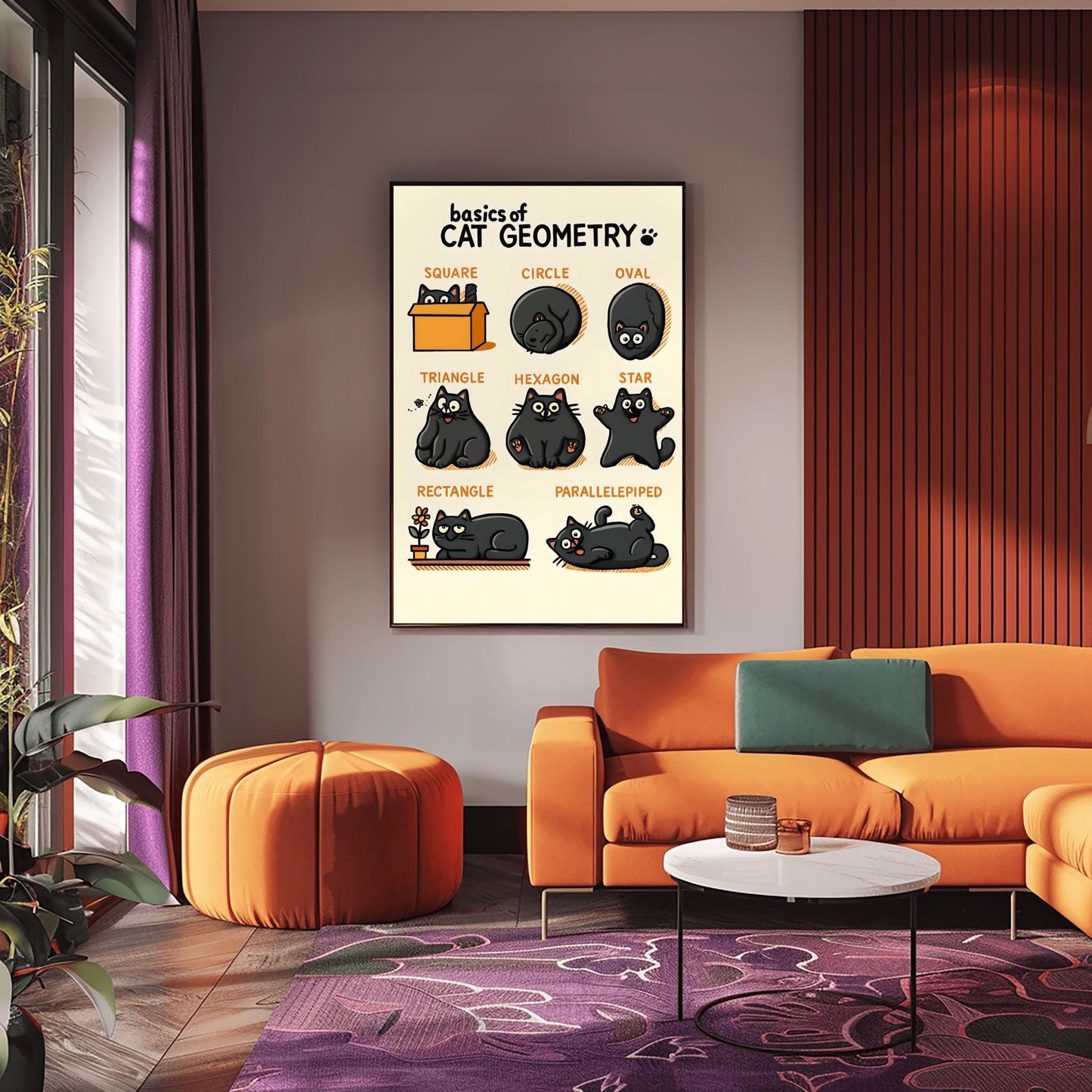Cute Cat Geometry Poster, Cute Black Cat Art Print, Funny Cat Lover Gift, Whimsical Kids Room Decor, Physical Print