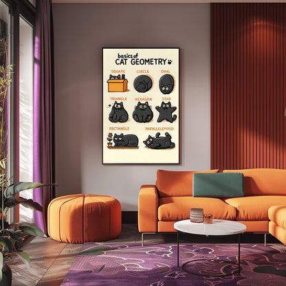 Cute Cat Geometry Poster, Cute Black Cat Art Print, Funny Cat Lover Gift, Whimsical Kids Room Decor, Physical Print
