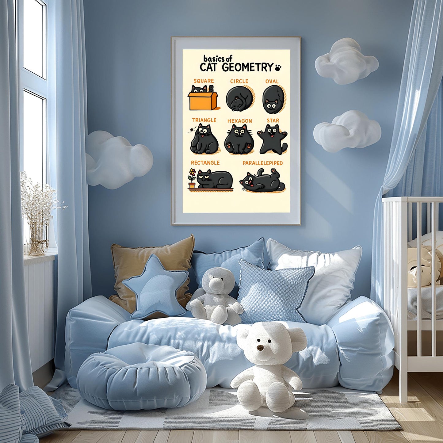 Cute Cat Geometry Poster, Cute Black Cat Art Print, Funny Cat Lover Gift, Whimsical Kids Room Decor, Physical Print