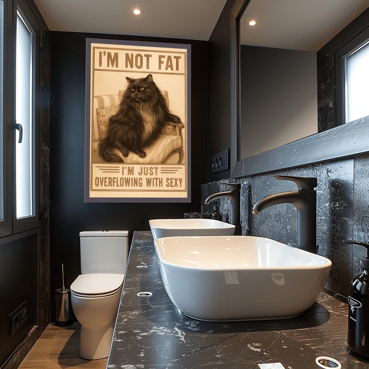 Funny Cat Poster, I'm Not Fat I'm Just Overflowing with Sexy, Cat Lover Gift, Vintage Cat Art, Humorous Black Cat Print