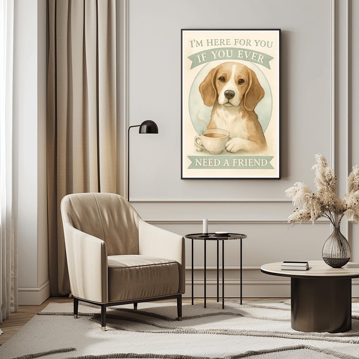 Motivational Dog Poster, Beagle Art Print, 'I'm Here For You', Dog Lover Gift, Friendship Quote, Watercolor Pet Print